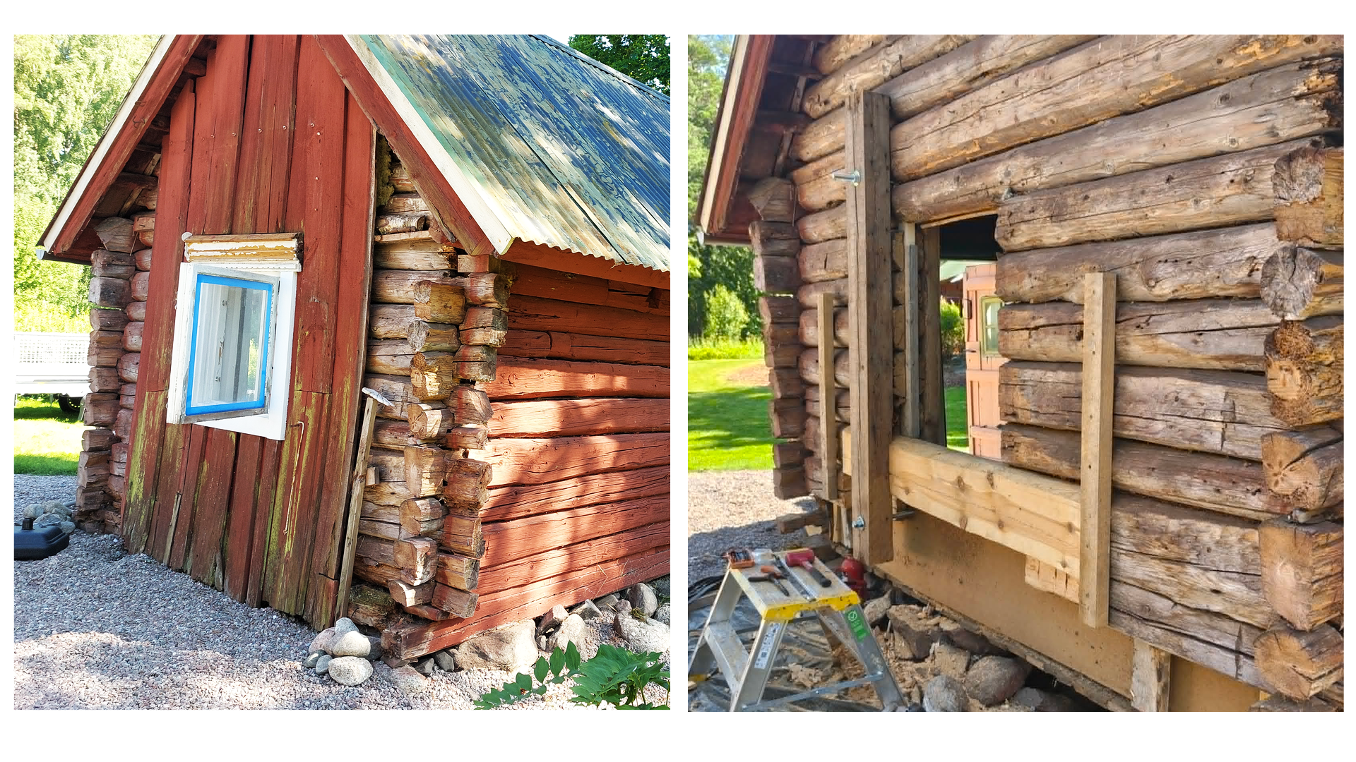 Husgavel före och under renovering.